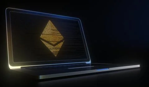 Ethereum logo made with computer code on the laptop screen. Cryptocurrency Stock Illustration