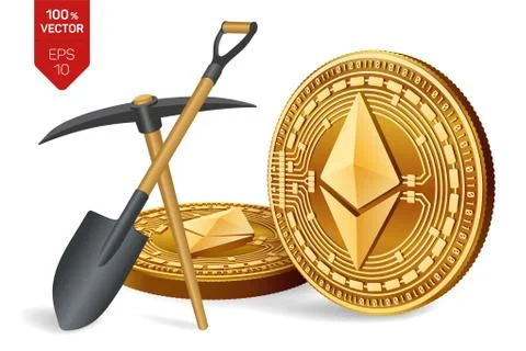 Ethereum mining concept. 3D isometric Physical bit coin with pickaxe and shov Stock Illustration