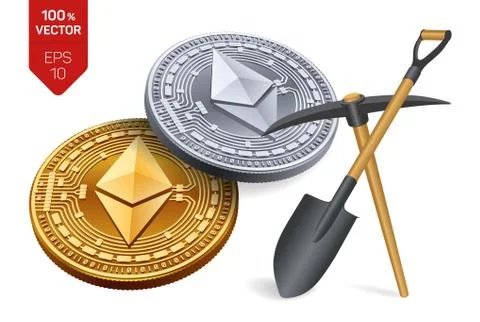 Ethereum mining concept. 3D isometric Physical bit coin with pickaxe and shov Illustrazione stock
