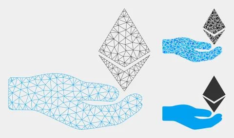 Ethereum Offer Hand Vector Mesh Wire Frame Model and Triangle Mosaic Icon Stock Illustration
