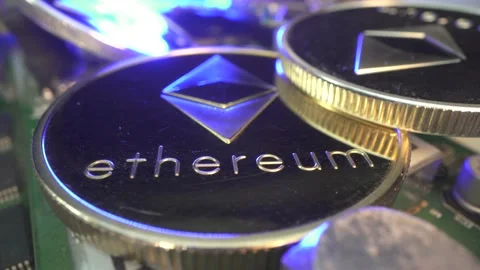 Etherium ETH on ASIC motherboard. macro shot. Digital cryptocurrency. Popular Video stock 143239258