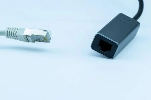 Ethernet cable and adapter. Close-up view of a network cable connector and .. Stock Photos