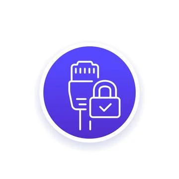 Ethernet cable and a lock icon, linear vector Stock Illustration
