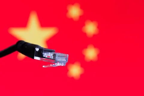 Ethernet cable with chinese flag in the background Foto stock