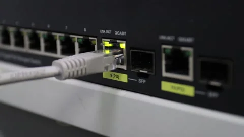 Ethernet cable into a network switch port Stock Footage 327101101