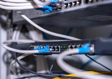 Ethernet cable on network switches background Foto stock