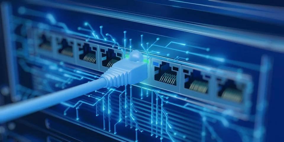 Ethernet Cable Plugged into Server Port with Digital Circuits Ilustração Stock