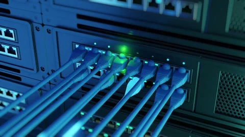 Ethernet Cable Plugging Network Switch Server Rack Animation Blue LED 3D Render Stock Footage 336117662
