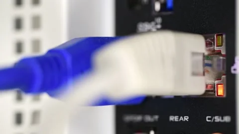 Ethernet cable RJ45 connected to the pc with blinking working status Stock Footage 169002536