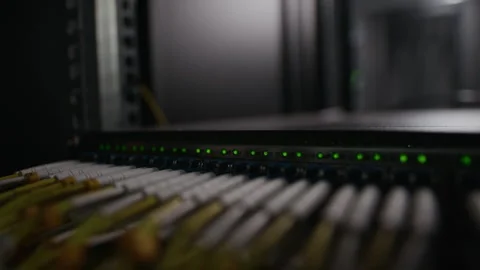 Ethernet Cables and LED Lights on Data Center Network Switch Stock Footage 330542753
