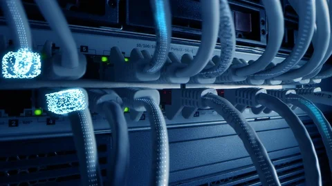 Ethernet Cables Connected to Modem with Digital Binary Code Streaming Data Stock Footage 120928608