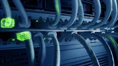 Ethernet Cables Connected to Modem with Digital Binary Code Streaming Data Stock Footage 120928731