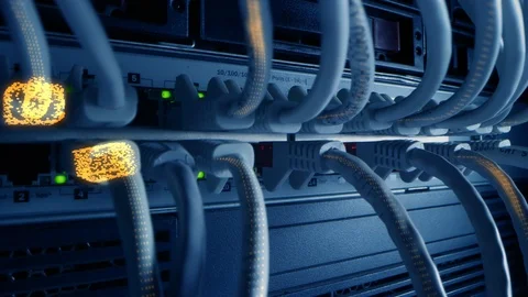 Ethernet Cables Connected to Modem with Digital Binary Code Streaming Data Stock Footage 120928878