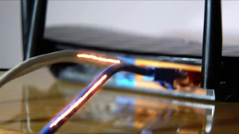 Ethernet Cables, Connected To Modem, With Digital Binary Code ,Streaming Data Stock Footage 166114921