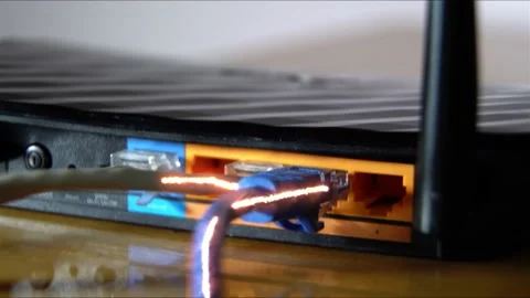 Ethernet Cables, Connected To Modem, With Digital Binary Code ,Streaming Data Stock Footage 166114927