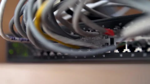  Ethernet cables plugged into router, blinking green light, Internet connection Stock Footage 247734300