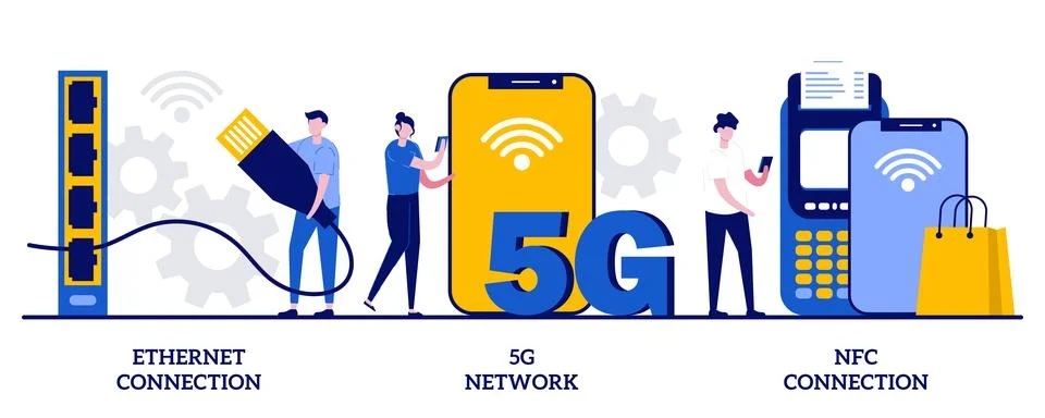 Ethernet connection, 5g network, NFC connection concept with tiny people. M.. Stock Illustration
