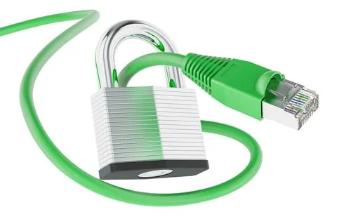 Ethernet LAN Cable Locked with Padlock. Network Security Concept. 3D renderin Illustrazione stock