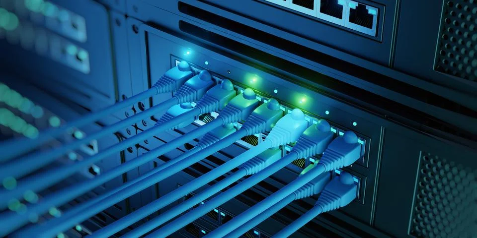 Ethernet Network Cables Connected to Server Switch Ports Ilustração Stock