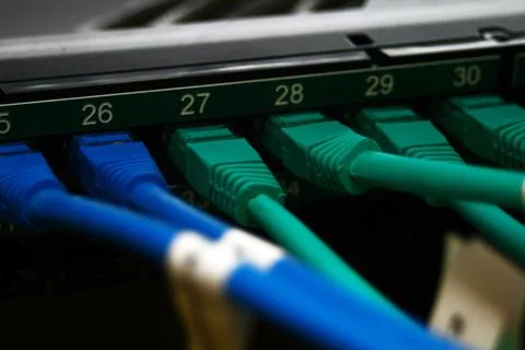 Ethernet Network Cables Connected to Server Switch Ports Stock Photos