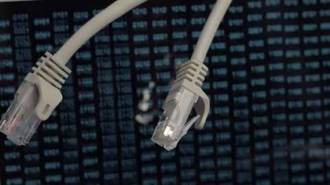 Ethernet network cables with green binary data output background Stock Footage 125565488