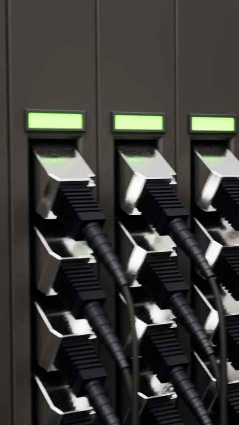 Ethernet network cables plugged into a server switch Stock Footage 332229725