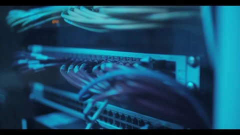 Ethernet Ports and Cable Loops on Network Switch, Data Center Rack, Macro Shot Stock Footage 340299540