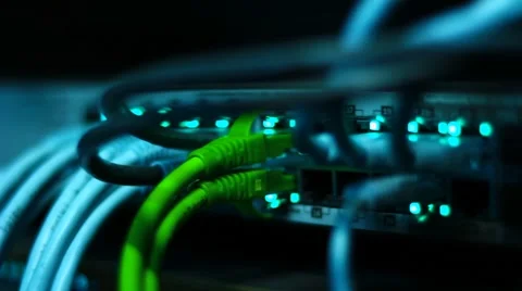 Ethernet switch with cables UTP and blinking LED Stock Footage 48925390