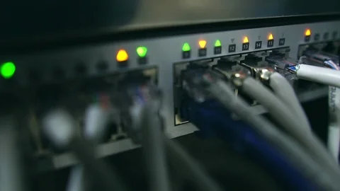 Ethernet switch. Close up. With cables, used and opened ports. Stock Footage 108764756