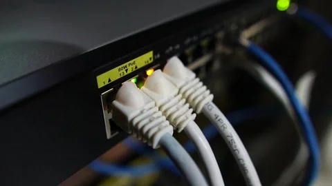 Ethernet switch. Close up. With cables, used and opened ports Stock Footage 114970240