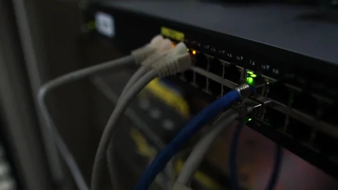 Ethernet switch. Close up. With cables, used and opened ports Vidéo 114970257