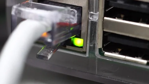 Ethernet switch. Close up. With cables, used and opened ports. Video stock 125689557