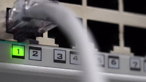 Ethernet switch. Close up. With cables, used and opened ports Stock Footage 125733254