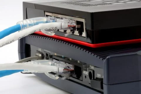 Ethernet switch isolated and router modem connect lan on the white background Stock Photos