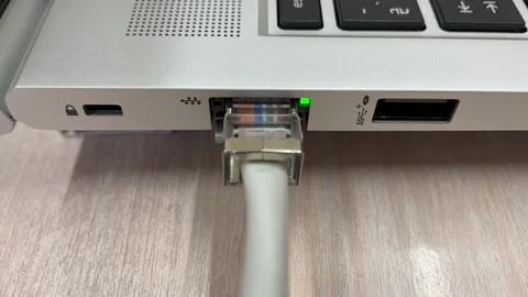 Ethernet telecommunications cables connected to a laptop Stock Footage 236686158