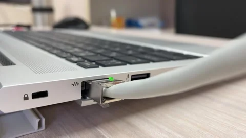 Ethernet telecommunications cables connected to a laptop Stock Footage 244481807