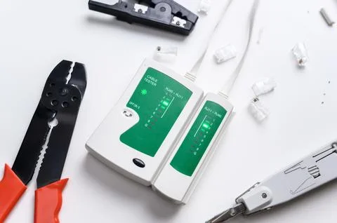 Ethernet Twisted Pair Test Procedure. cable test tool. UTP Cat 6 UTP cable. Stock Photos