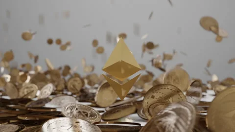 Etherum logo surrounded by falling eth coins Stock Footage 236296021
