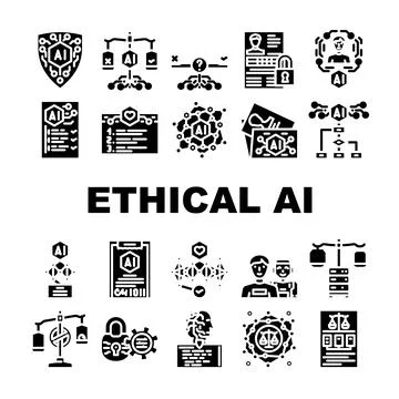 Ethical artificial intelligence global concepts glyph set Stock Illustration