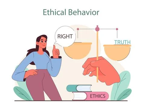 Ethical Behavior concept. Weighing right against truth over a foundation of Stock Illustration