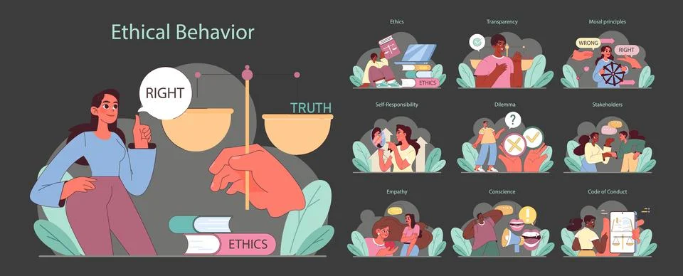 Ethical Behavior set. Balancing truth and rightness, exploring transparency in Stock Illustration