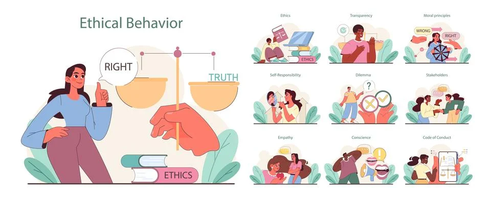 Ethical Behavior set. Balancing truth and rightness, exploring transparency Stock Illustration