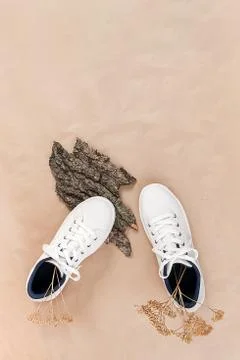 Ethical vegetarian shoes concept. A pair of white sneakers with dry flowers o Stock Photos