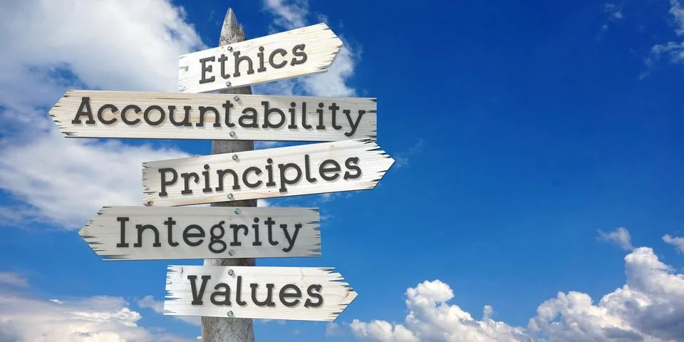 Ethics, accountability, principles, integrity, values - wooden signpost wit.. イラスト素材