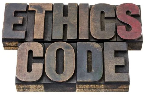  ethics code in wood type ethics code - isolated words in vintage letterpr... Stock-Fotos
