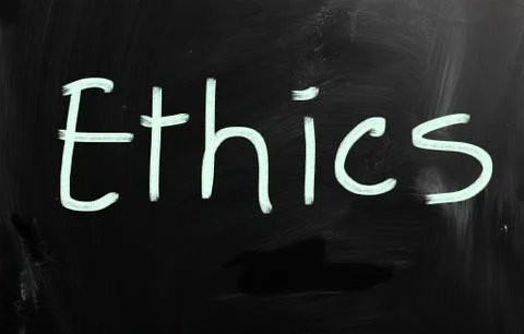 "ethics" handwritten with white chalk on a blackboard Illustrazione stock
