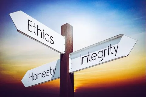 Ethics, integrity, honesty concept - signpost with three arrows Illustrazione stock