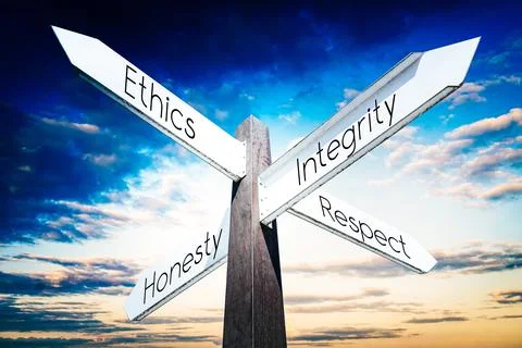 Ethics, integrity, honesty, respect concept - signpost with four arrows Illustrazione stock