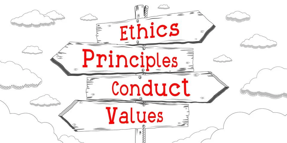 Ethics, principles, conduct, values - outline signpost with four arrows Stock Illustration