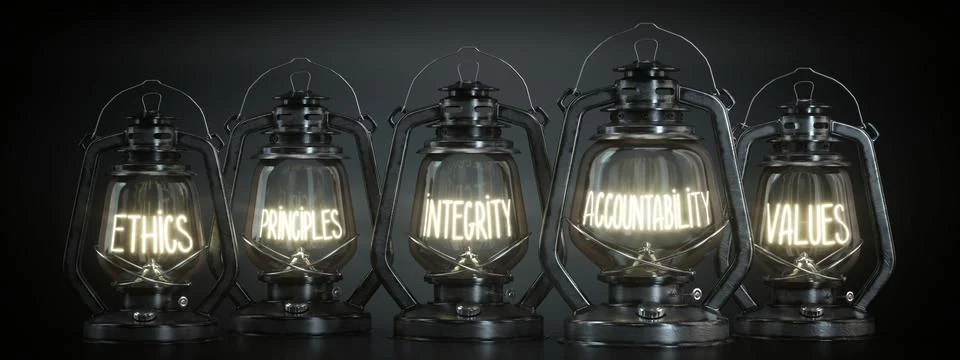 Ethics, Principles, Integrity, Accountability, Values - Vintage Kerosene La.. Stock Illustration